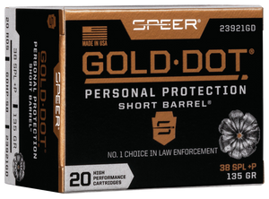Speer 23921GD Gold Dot Personal Protection Short Barrel 38Special+P 135gr Hollow Point 20 Per Box/10 Case Speer 23921GD Gold Dot Personal Protection Short Barrel 38Special+P 135gr Hollow Point 20 Per Box/10 Case