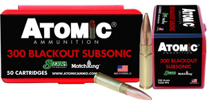 Atomic Ammunition 00465 Rifle Subsonic 300 Blackout 220 gr Hollow Point Boat Tail 50 Per Box/ 10 Case Atomic Ammunition 00465 Rifle Subsonic 300 Blackout 220 gr Hollow Point Boat Tail 50 Per Box/ 10 Case