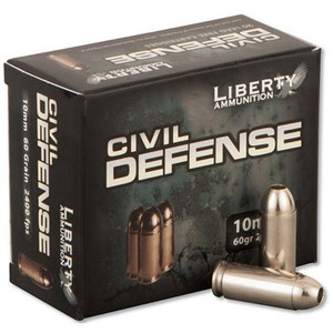 LIBERTY AMMUNITION 10MM CIVIL DEFENSE 60GR HP 20 ROUND BOX LIBERTY AMMUNITION 10MM CIVIL DEFENSE 60GR HP 20 ROUND BOX