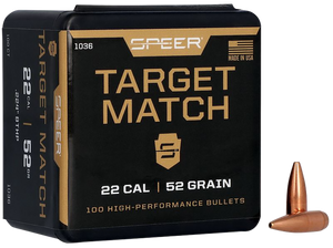 Speer 1036 Rifle Plinking Target Match .224 52 gr Hollow Point Boat Tail Speer 1036 Rifle Plinking Target Match .224 52 gr Hollow Point Boat Tail