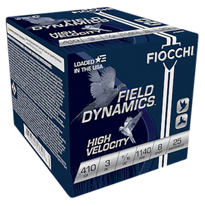 Fiocchi 410HV8 Field Dynamics High Velocity 410Gauge 3" 11/16oz 8Shot 25 Per Box/10 Case Fiocchi 410HV8 Field Dynamics High Velocity 410Gauge 3" 11/16oz 8Shot 25 Per Box/10 Case