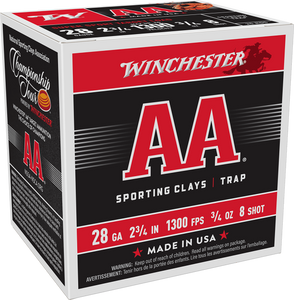 Winchester Ammo AASC288 AA Sporting Clay 28Gauge 2.75" 3/4oz 8Shot 25 Per Box/10 Case Winchester Ammo AASC288 AA Sporting Clay 28Gauge 2.75" 3/4oz 8Shot 25 Per Box/10 Case