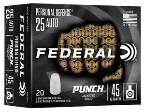 Federal PD25P1 Punch Personal Defense 25ACP 45gr Hollow Point 20 Per Box/10 Case Federal PD25P1 Punch Personal Defense 25ACP 45gr Hollow Point 20 Per Box/10 Case