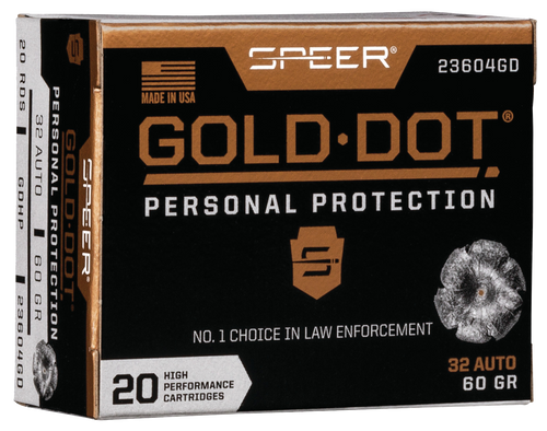 Speer 23604GD Gold Dot Personal Protection 32ACP 60gr Hollow Point 20 Per Box/10 Case Speer 23604GD Gold Dot Personal Protection 32ACP 60gr Hollow Point 20 Per Box/10 Case