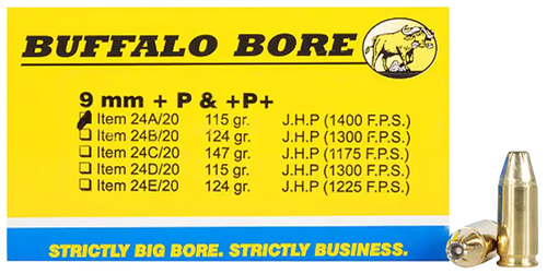 Buffalo Bore Ammunition 24A20 Personal Defense Strictly Business 9mmLuger +P+ 115gr Jacket Hollow Point 20 Per Box/12 Case Buffalo Bore Ammunition 24A20 Personal Defense Strictly Business 9mmLuger +P+ 115gr Jacket Hollow Point 20 Per Box/12 Case