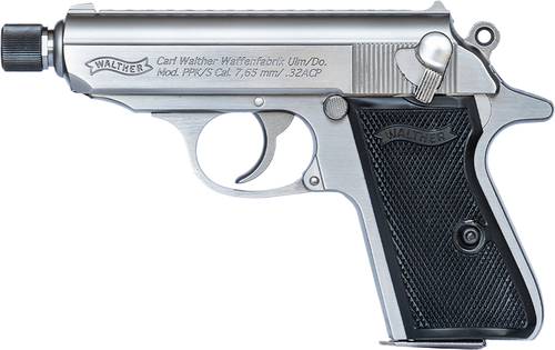 Walther Arms 4796044 PPK/S  Carry Frame 32 ACP 7+1 3.30" Stainless Steel Threaded Barrel, Stainless Serrated Steel Slide, Stainless Aluminum Frame w/Beavertail, Textured Polymer Grip