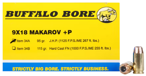Buffalo Bore Ammunition 34A20 Personal Defense Strictly Business 9x18Makarov +P 95gr Jacket Hollow Point 20 Per Box/12 Case Buffalo Bore Ammunition 34A20 Personal Defense Strictly Business 9x18Makarov +P 95gr Jacket Hollow Point 20 Per Box/12 Case