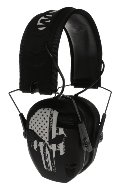 Walker's WPRSEMFSPUN Razor Slim Electronic Freedom Muff 23 dB Over the Head Black w/Distressed Punisher Flag Polymer