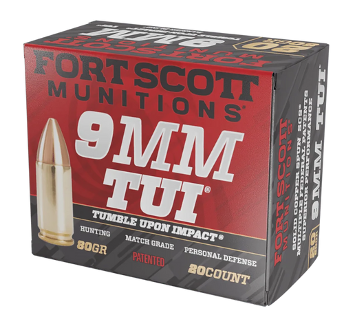 Fort Scott Munitions 9MM080SCV Tumble Upon Impact (TUI)  9mmLuger 80gr Solid Copper Spun 20 Per Box/25 Case Fort Scott Munitions 9MM080SCV Tumble Upon Impact (TUI)  9mmLuger 80gr Solid Copper Spun 20 Per Box/25 Case