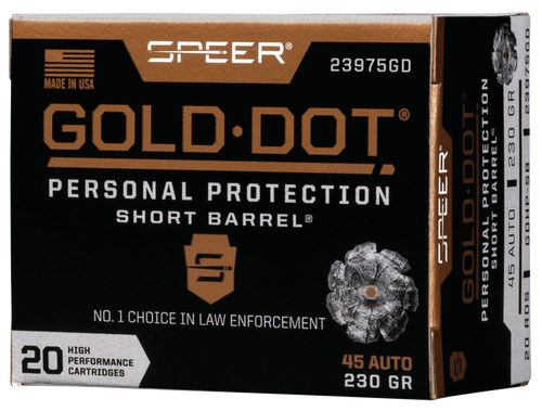 Speer 23975GD Gold Dot Personal Protection Short Barrel 45ACP 230gr Hollow Point 20 Per Box/10 Case Speer 23975GD Gold Dot Personal Protection Short Barrel 45ACP 230gr Hollow Point 20 Per Box/10 Case