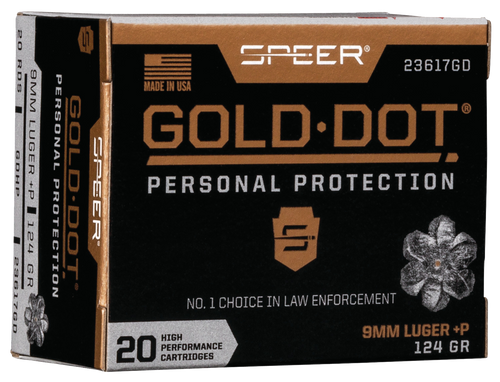Speer 23617GD Gold Dot Personal Protection 9mmLuger+P 124gr Hollow Point 20 Per Box/10 Case Speer 23617GD Gold Dot Personal Protection 9mmLuger+P 124gr Hollow Point 20 Per Box/10 Case
