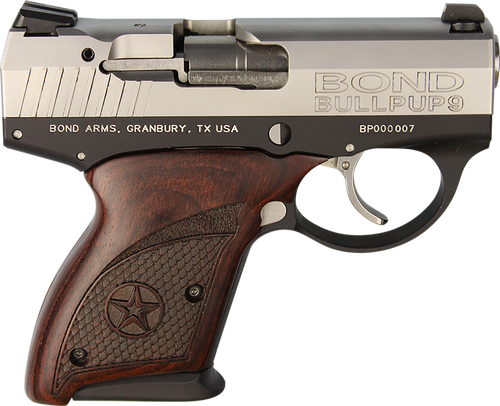 Bond Arms BABP BullPup9  Micro-Compact Frame 9mm Luger 7+1, 3.35" Stainless Steel Barrel, Stainless Serrated Steel Slide, Black Aluminum Frame, Engraved Rosewood Grips Bond Arms BABP BullPup9  Micro-Compact Frame 9mm Luger 7+1, 3.35" Stainless Steel Barrel, Stainless Serrated Steel Slide, Black Aluminum Frame, Engraved Rosewood Grips