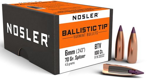 Nosler 39532 Ballistic Tip  6mm 70gr Spitzer Point 100/Box Nosler 39532 Ballistic Tip  6mm 70gr Spitzer Point 100/Box