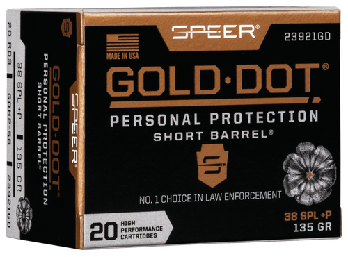 Speer 23921GD Gold Dot Personal Protection Short Barrel 38Special+P 135gr Hollow Point 20 Per Box/10 Case Speer 23921GD Gold Dot Personal Protection Short Barrel 38Special+P 135gr Hollow Point 20 Per Box/10 Case