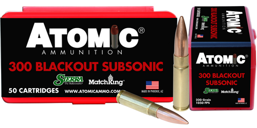 Atomic Ammunition 00465 Rifle Subsonic 300 Blackout 220 gr Hollow Point Boat Tail 50 Per Box/ 10 Case Atomic Ammunition 00465 Rifle Subsonic 300 Blackout 220 gr Hollow Point Boat Tail 50 Per Box/ 10 Case