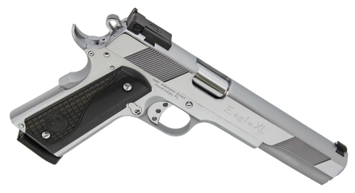 Iver Johnson Arms EAGLEXLC45 Eagle XL  45 ACP 8+1 6" Steel Barrel, Bright Chrome High Polished Long/Serrated Steel Slide & Frame w/Beavertail, Diamondwood Walnut w/Integrated Logo Grip, Right Hand Iver Johnson Arms EAGLEXLC45 Eagle XL  45 ACP 8+1 6" Steel Barrel, Bright Chrome High Polished Long/Serrated Steel Slide & Frame w/Beavertail, Diamondwood Walnut w/Integrated Logo Grip, Right Hand