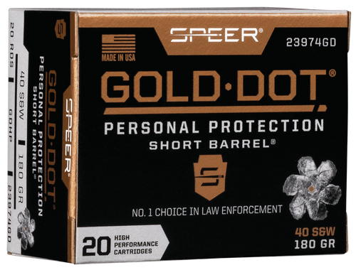 Speer 23974GD Gold Dot Personal Protection Short Barrel 40S&W 180gr Hollow Point 20 Per Box/10 Case Speer 23974GD Gold Dot Personal Protection Short Barrel 40S&W 180gr Hollow Point 20 Per Box/10 Case