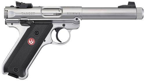 Ruger 40126 Mark IV Target 22 LR 10+1 5.50" Satin Threaded Bull Barrel, Drilled & Tapped Receiver, Satin Stainless Steel Frame, Black Checkered Polymer Grip, Right Hand Ruger 40126 Mark IV Target 22 LR 10+1 5.50" Satin Threaded Bull Barrel, Drilled & Tapped Receiver, Satin Stainless Steel Frame, Black Checkered Polymer Grip, Right Hand