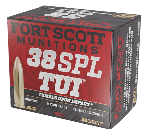Fort Scott Munitions 38SPL080SCV Tumble Upon Impact (TUI)  38Special+P 80gr Solid Copper Spun 20 Per Box/25 Case Fort Scott Munitions 38SPL080SCV Tumble Upon Impact (TUI)  38Special+P 80gr Solid Copper Spun 20 Per Box/25 Case