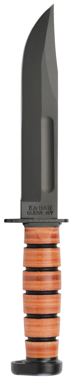 Ka-Bar 1317 Dog's Head Utility Knife 7" Fixed Clip Point Plain Black 1095 Cro-Van Blade, Brown Leather Handle, Includes Sheath