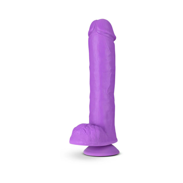 Blush Neo Elite Dual Density Silicone Dildo with Balls & Suction Cup, 9.25 Inch Insertable, 2.25 Inch Max Width, Neon Purple