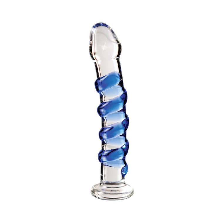 Icicles No. 5 Curved Ribbed 7 in. Glass Dildo, Blue/Clear