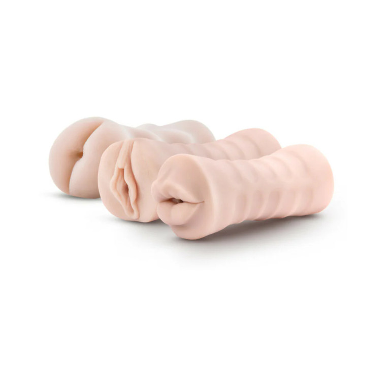 M for Men Soft + Wet Self-Lubricating 3-Pack Vibrating Stroker Sleeve Kit, Beige