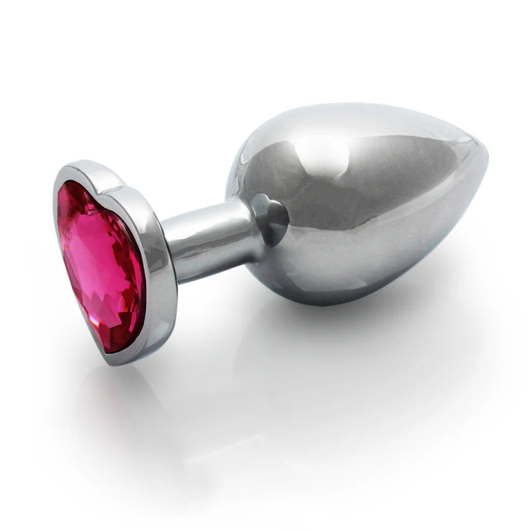 Ouch! Heart Gem Butt Plug, Medium, 2.8 Inch Insertable, 1.34 Inch Max Width, Silver/Rubellite Pink