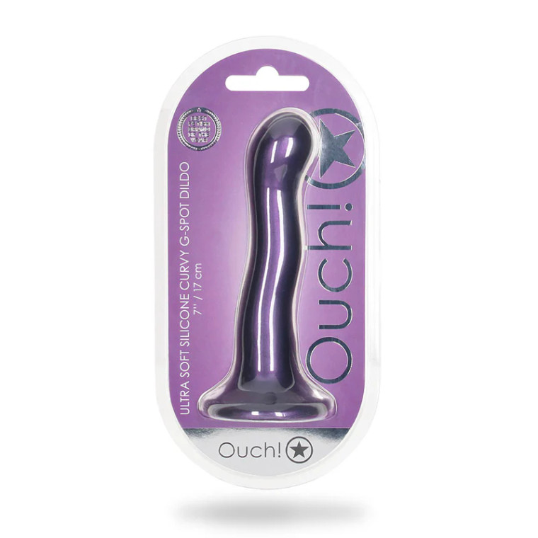 Ouch! Ultra Soft Silicone 7 in. Curvy G-Spot Dildo, 6.69 Inch Insertable, 1.46 Inch Max Width, Metallic Purple