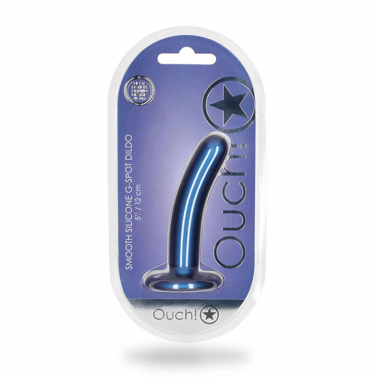 Ouch! Smooth Silicone 5 in. G-Spot Dildo, 4.65 Inch Insertable, 0.91 Inch Max Width, Metallic Blue