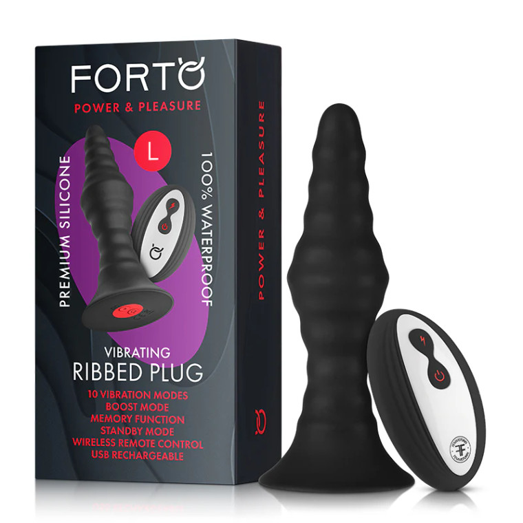 Forto Vibrating Ribbed Plug Rechargeable Remote-Controlled Silicone Anal Plug, Large, Black