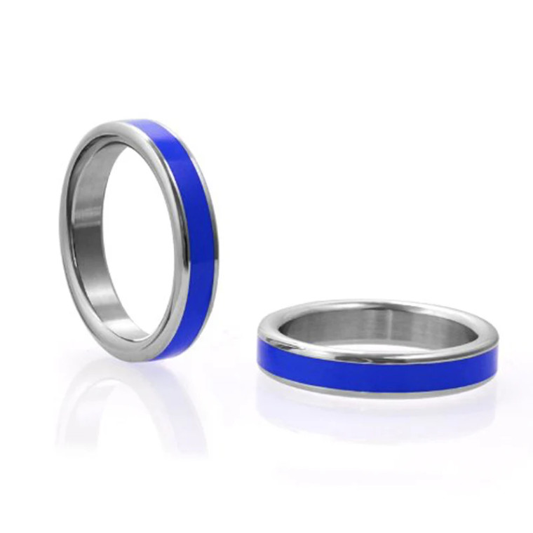 M2M Stainless Cock Ring with Blue Band & Bag, 1.875 Inch
