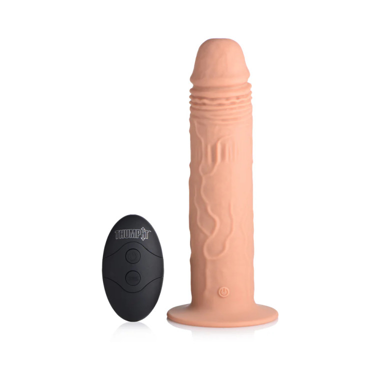 Thump It Vibrating & Thumping Silicone Dildo, 7.1 Inch Insertable, 1.7 Inch Max Width, Light Skin