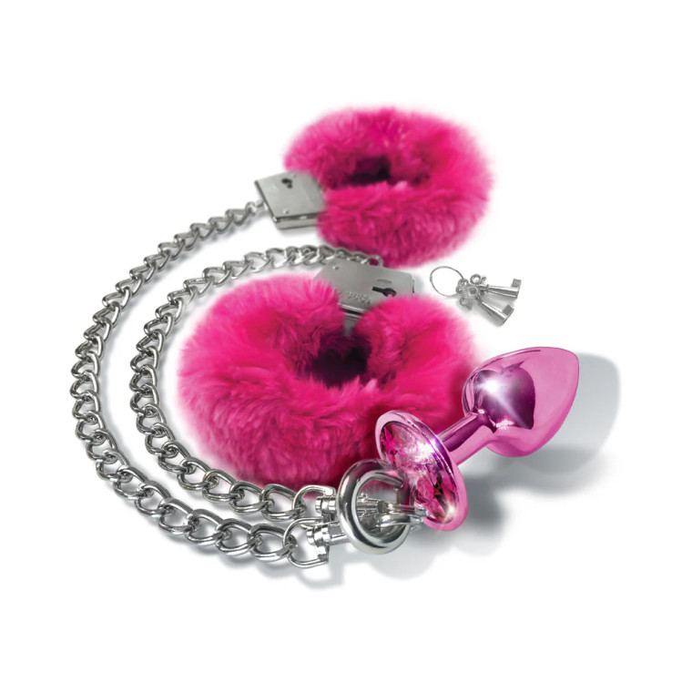 Nixie Metal Butt Plug & Furry Handcuff Set, Medium, Pink Metallic