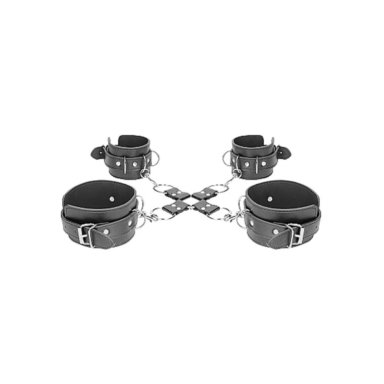 Ouch! Black & White Bonded Leather Hogtie With Hand & Ankle Cuffs, Black