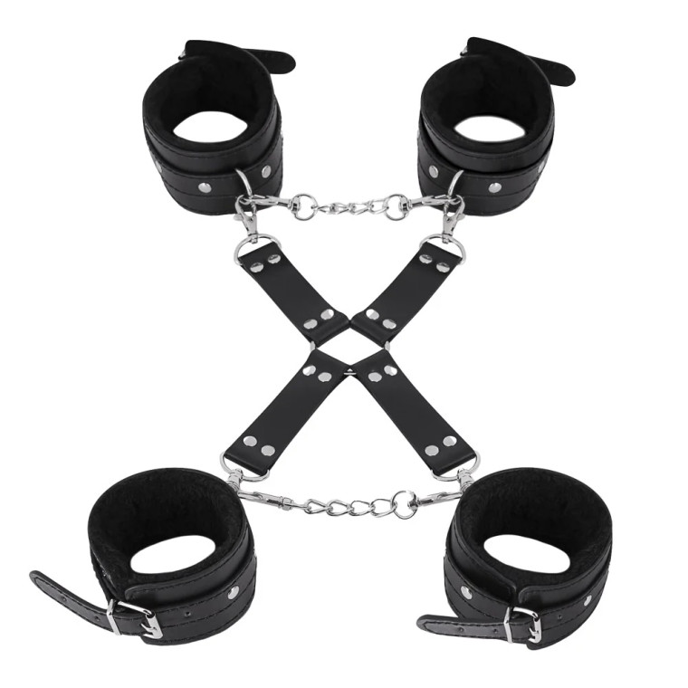 Male Power Leather All 4's Fuzzy Hogtie Cuff Set, Black
