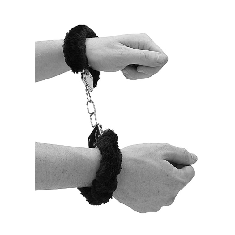 Ouch! Black & White Beginner Pleasure Furry Wrist Cuffs With Quick-Release Button, Black