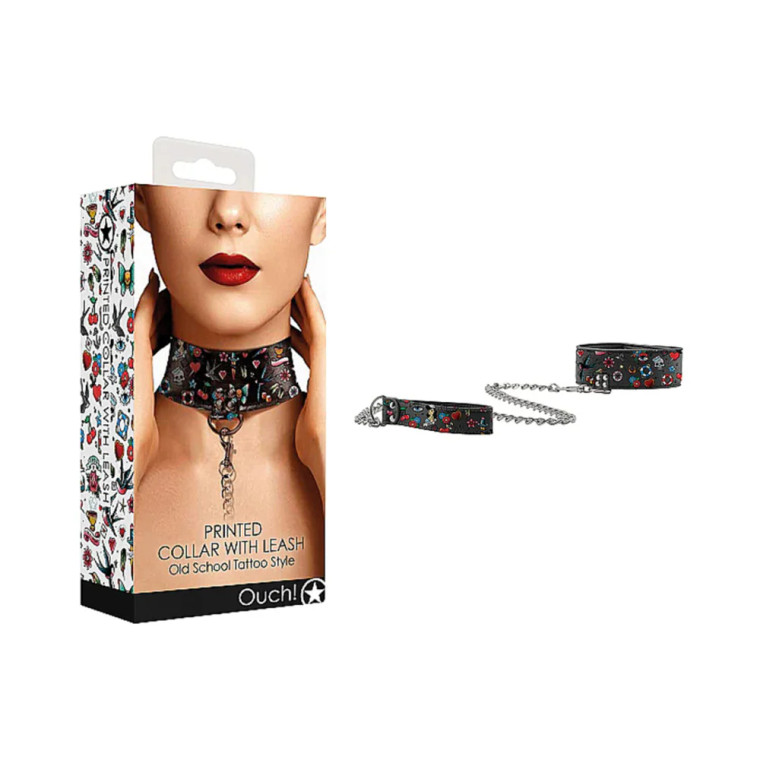 Ouch! Old School Tattoo Style Adjustable Printed Collar With Leash, Multi-Color