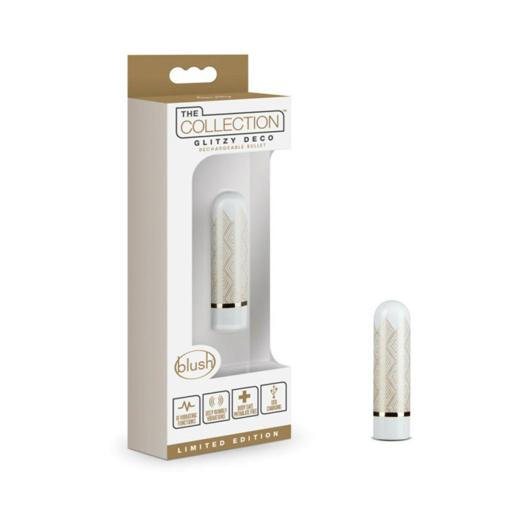 Blush The Collection Glitzy Deco Rechargeable Bullet Vibrator, White Blush The Collection Glitzy Deco Rechargeable Bullet Vibrator, White