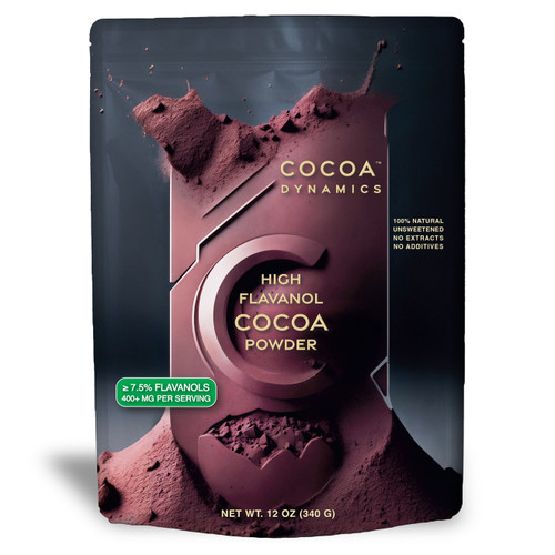 12 oz Flavanol Cocoa Dynamics cocoa powder package is shown on a white background with a key light from the audience right. 12 oz Flavanol Cocoa Dynamics cocoa powder package is shown on a white background with a key light from the audience right.