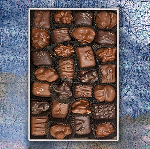Crunchy and chewy chocolate candy gift box by Santa Barbara Chocolate.