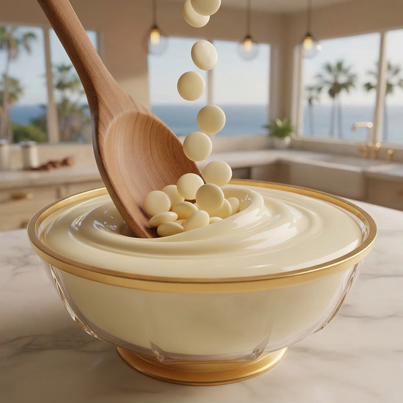 Pure cocoa butter couverture white chocolate wafers, sized for precise melting and tempering.