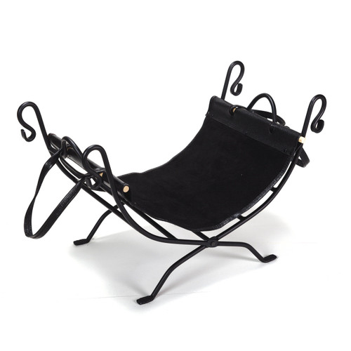 Black Wrought Iron Log Holder with Suede Carrier