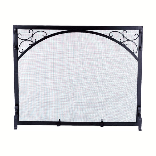 Black Wrought Iron Fireplace Panel Screen - Corner Scroll - 31"H x 39"W x 9.5"D