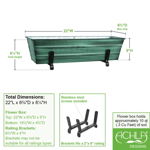 Small Green Flower Box- 2x6 Railing Brackets