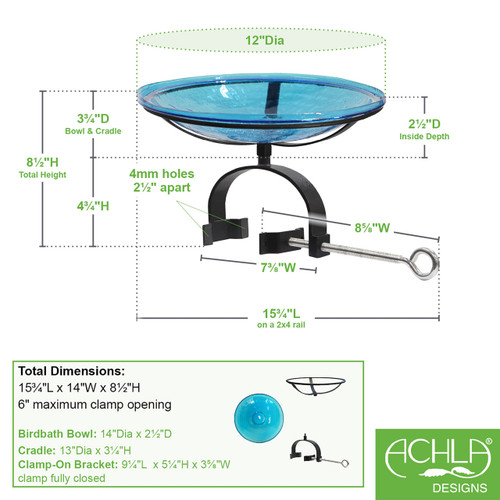 14" Teal Crackle Birdbath- Over Rail Bracket