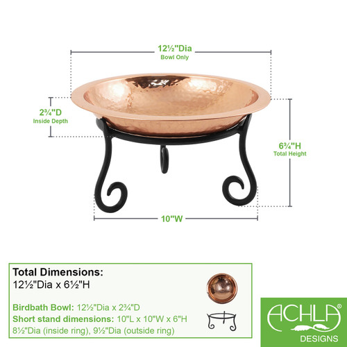 Hammered Copper Birdbath w/ Rim- Short Stand
