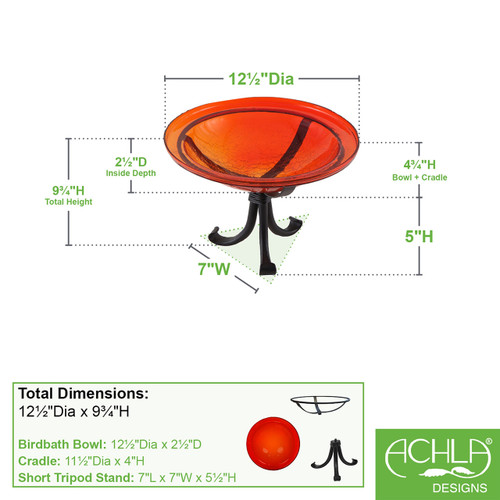 12" Red Crackle Birdbath- Tripod Stand