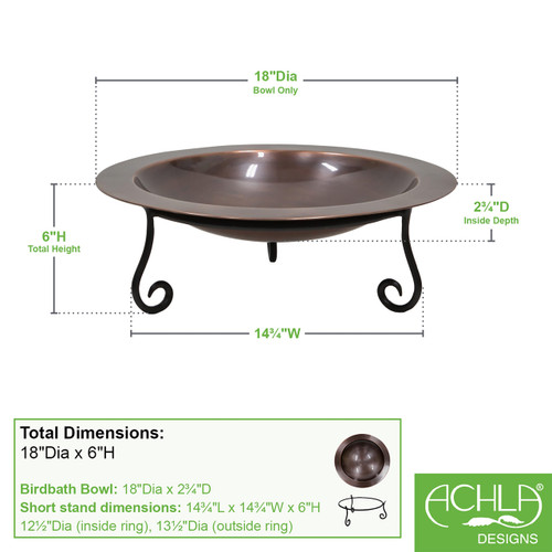 18" Classic Copper Birdbath- Short Stand