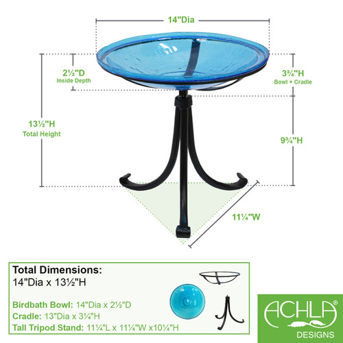 14" Teal Crackle Birdbath- Tripod Stand